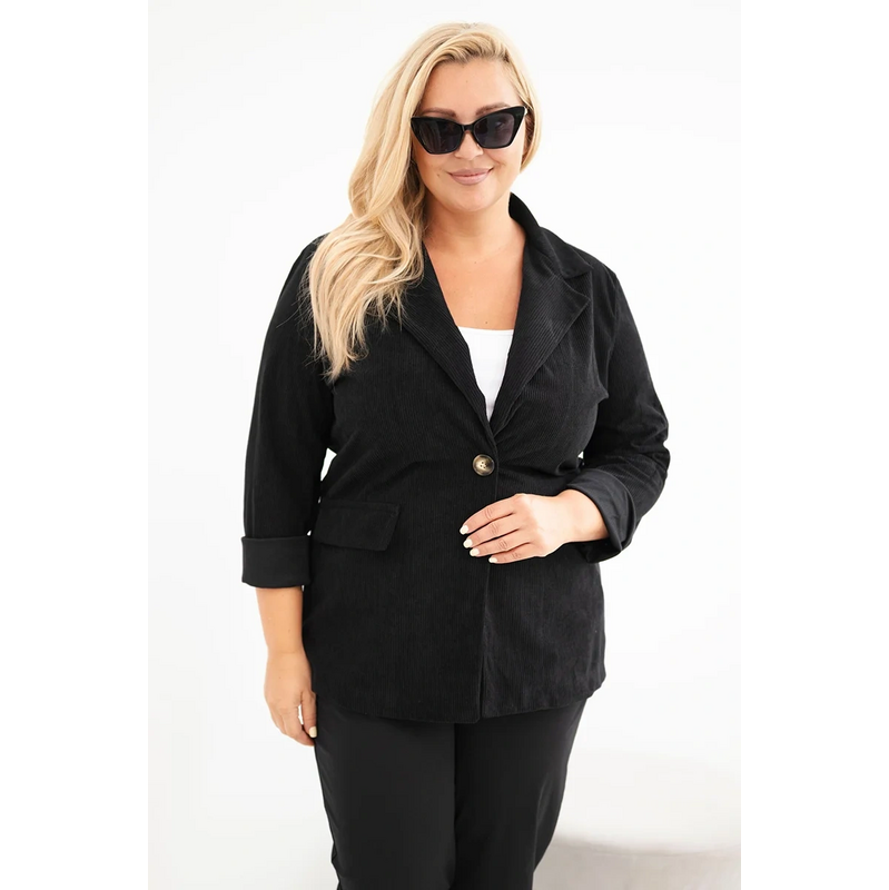 Kesi Dámské sako Plus Size manšestrové s klopami a kapsami khaki
