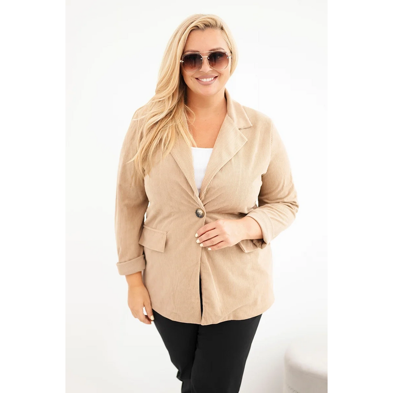 Kesi Dámské sako Plus Size manšestrové s klopami a kapsami khaki