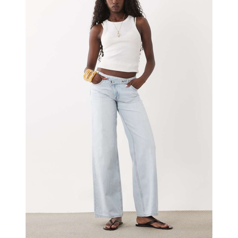 Mango Teen cross waist straight jean in bleach wash blue