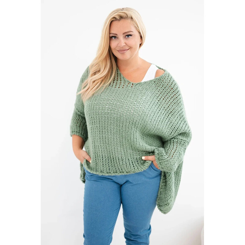 K-Fashion Dámský oversized průsvitný svetr s výstřihem do V a