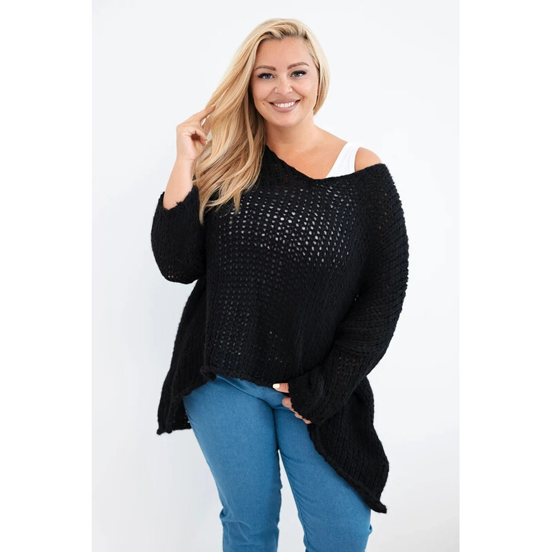 K-Fashion Dámský svetr oversized krajkový s výstřihem do V a