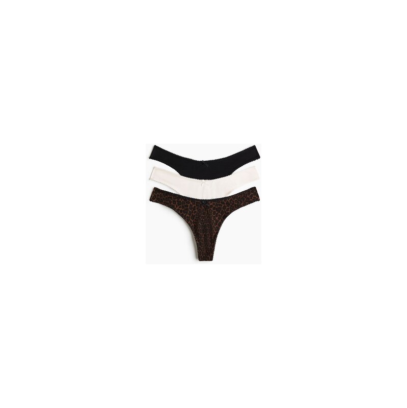 H&M - Bavlněné kalhotky thong 3 kusy - Tmavě Hnědá/Leopardí