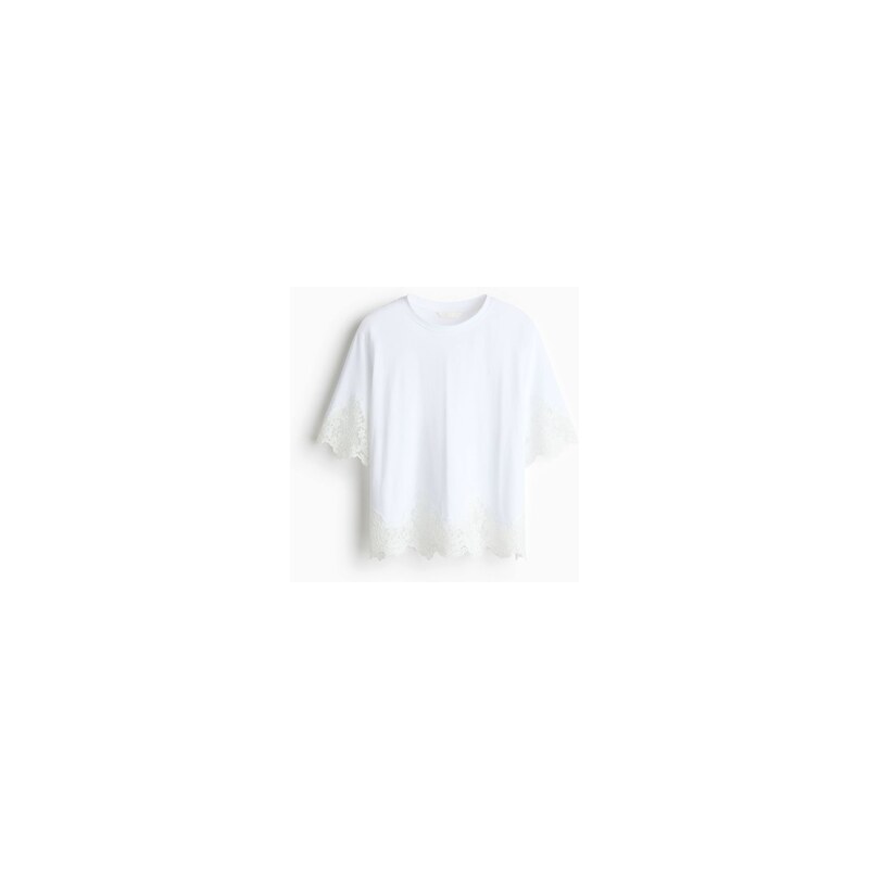 H&M - Lace-trimmed cotton T-shirt - Bílá/Krémová