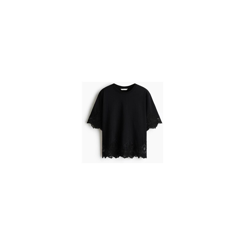 H&M - Lace-trimmed cotton T-shirt - Černá