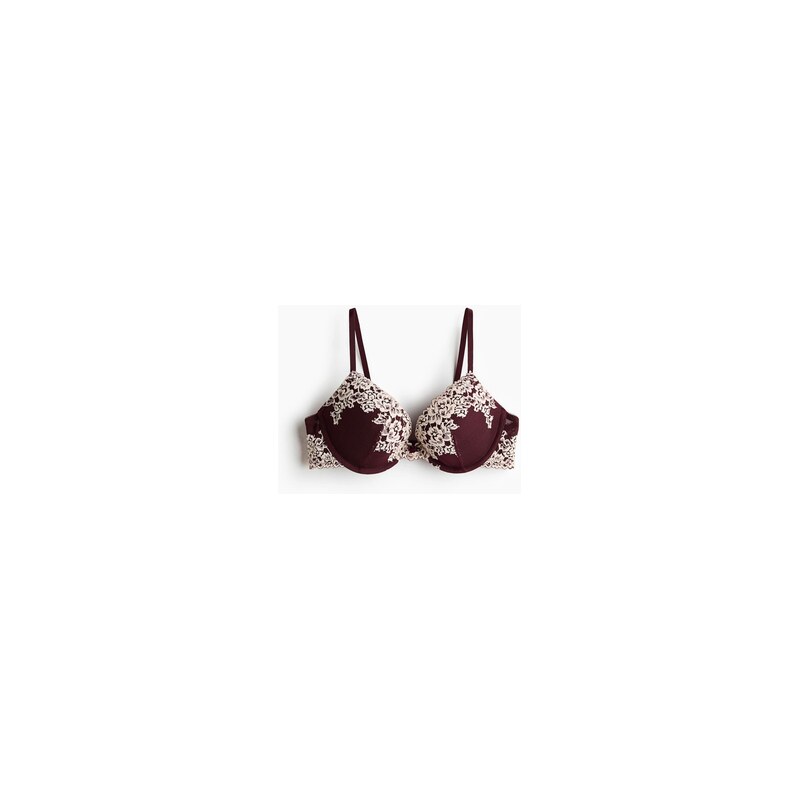 H&M - Krajková podprsenka push-up - Vínová/Krémová
