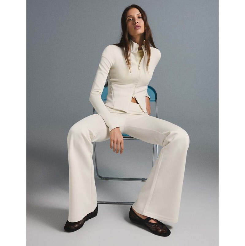 Bershka Ribbed zip jacket in ecru-White