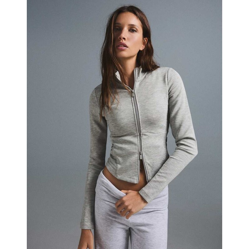 Bershka Ribbed zip jacket in light grey