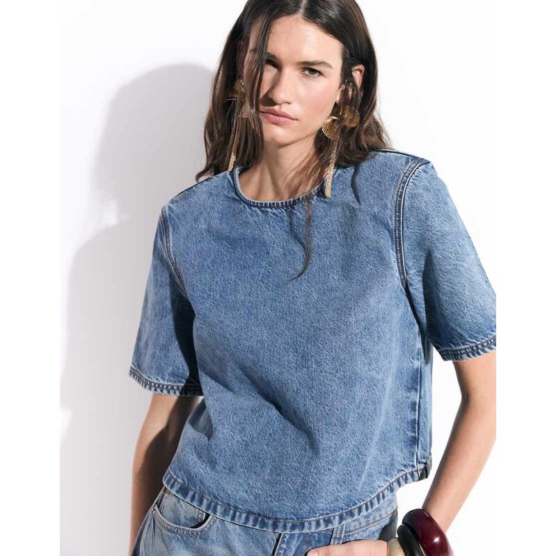 ASOS DESIGN denim shoulder pad t shirt co-ord in mid blue