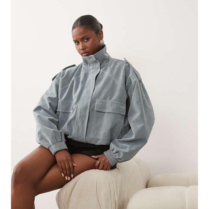 Kaiia exclusive faux suede cargo pocket front balloon sleeve
