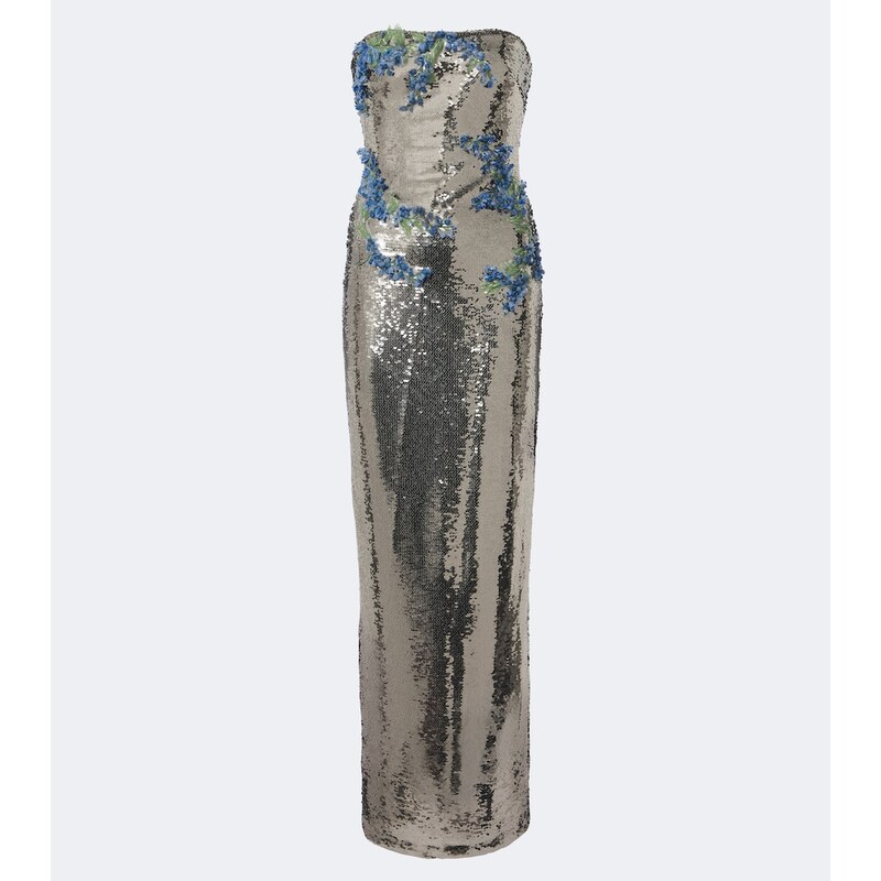 Monique Lhuillier Floral-appliqué sequined bustier gown
