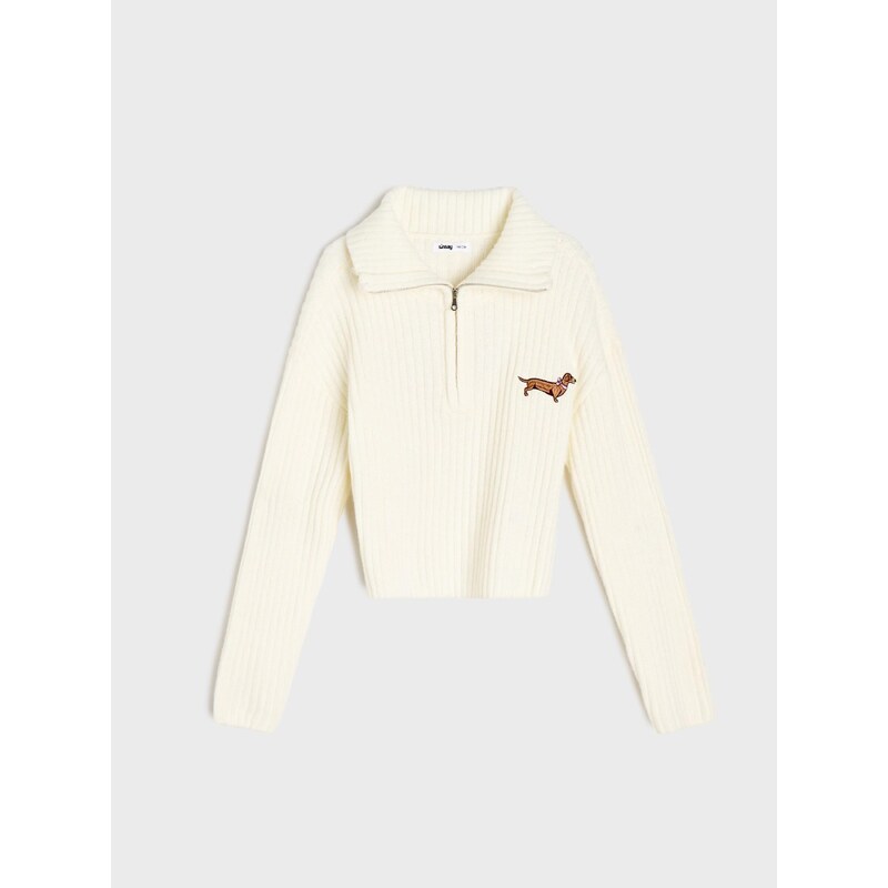 Sinsay - Žebrovaný svetr half-zip s výšivkou jezevčíka - krémová