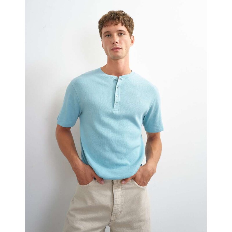 Topman slim fit rib henley t-shirt in light blue