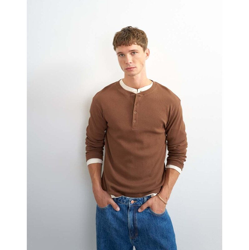 Topman slim fit long sleeve rib henley t-shirt in brown