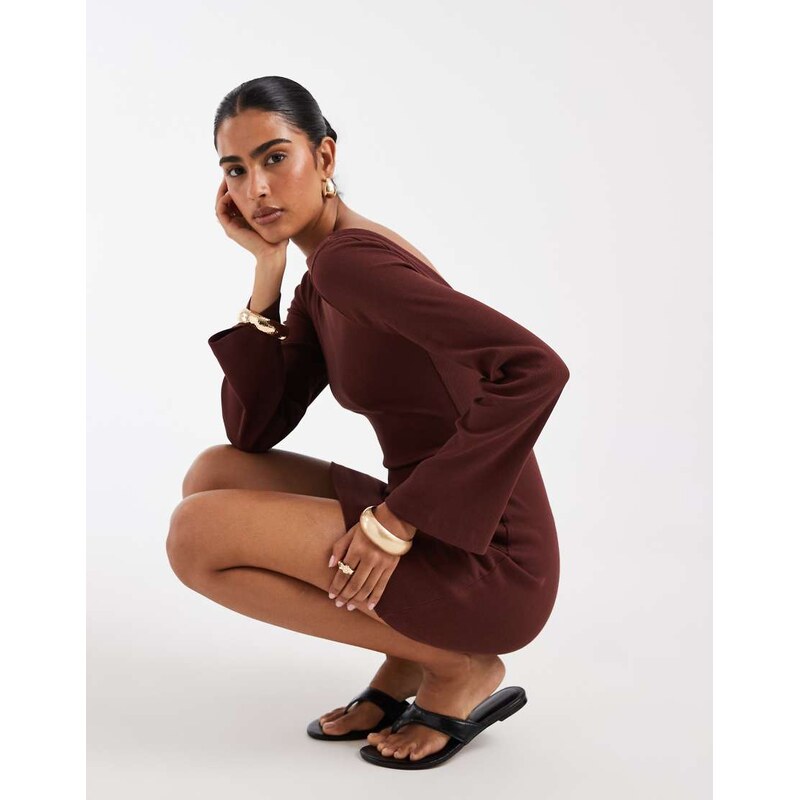 ASOS DESIGN cotton rib scoop back mini dress in chocolate-Brown