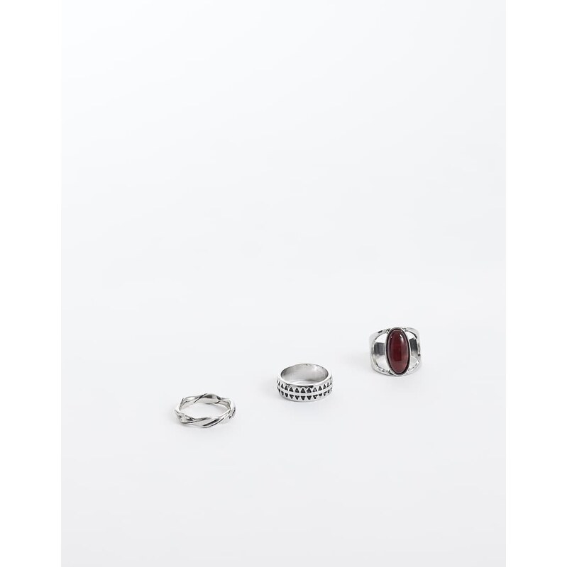ASOS DESIGN 3 pack red oval stone and twisted ring in silver