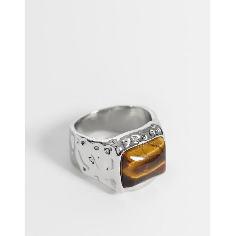 ASOS DESIGN faux tiger eye stone molten ring in silver