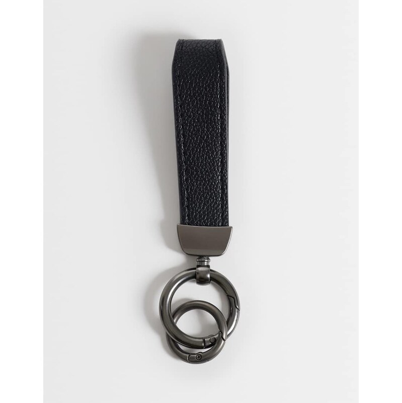 ASOS DESIGN black faux leather key chain strap in silver