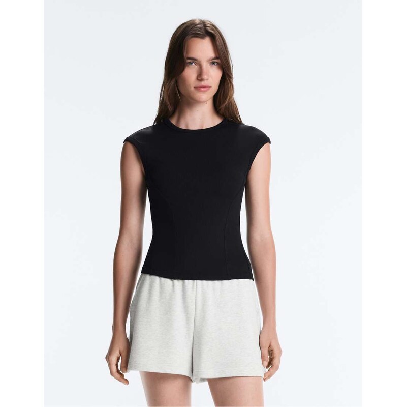 OYSHO Short-sleeved rib top with cotton and modal in black