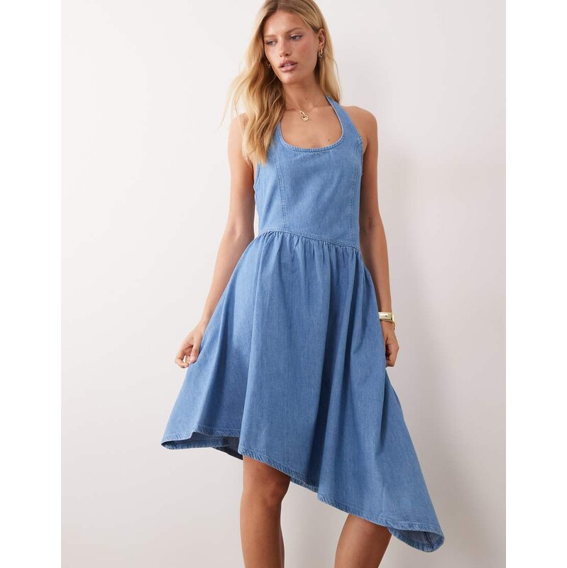 ASOS DESIGN denim scoop neck midi with asymmetric hem in light