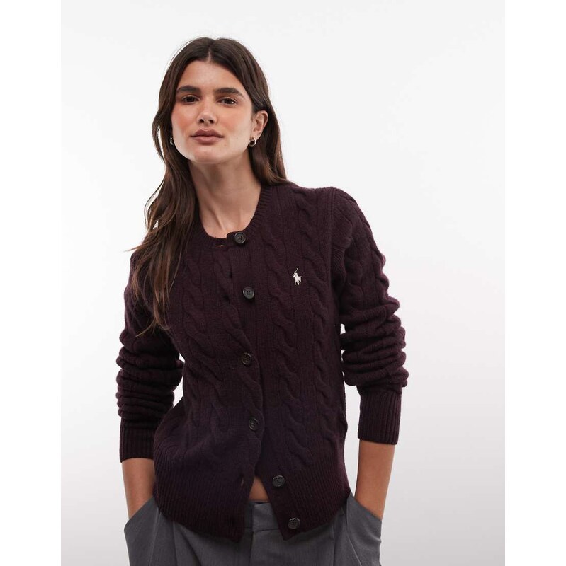 Polo Ralph Lauren icon logo wool cable knit cardigan in brown