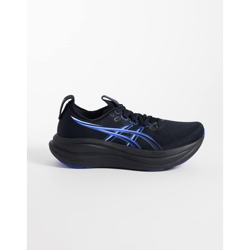 Asics Gel-Nimbus 28 running trainers in black and neon blue