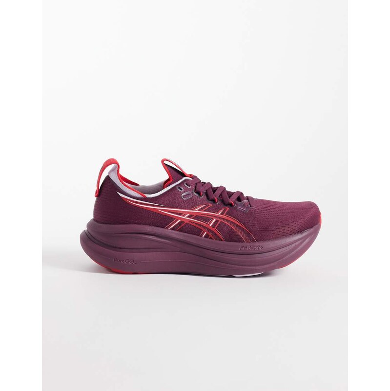 Asics Gel-Nimbus 28 running trainers in purple and red