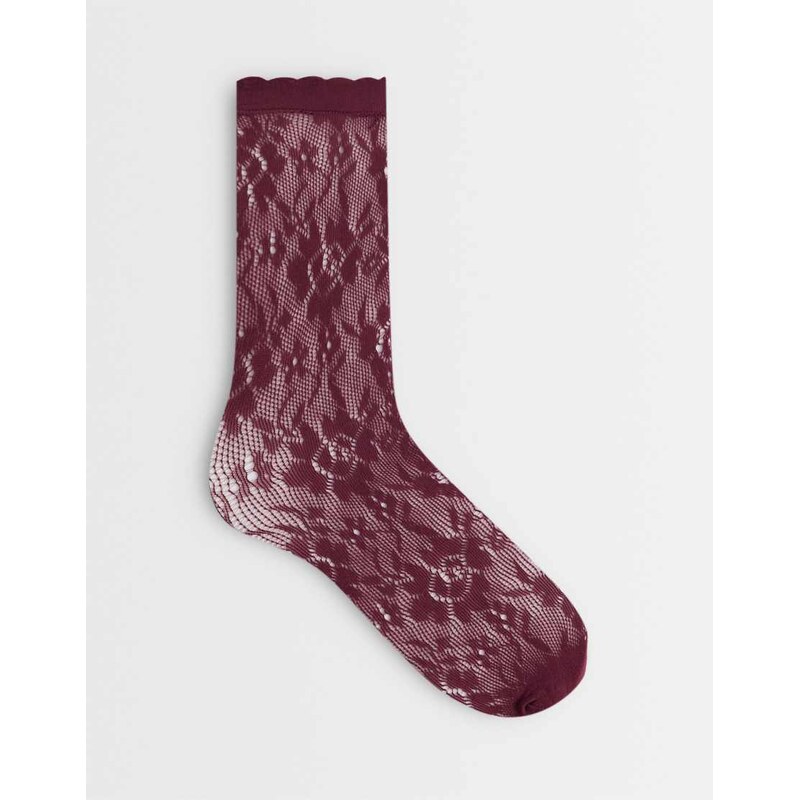 Vero Moda sheer socks with lettuce edge in burgundy-Red