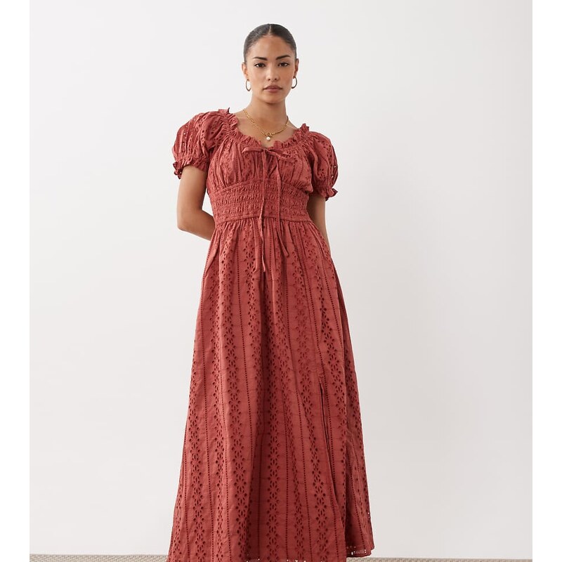 Miss Selfridge Petite broderie milkmaid maxi dress in mauve-Pink