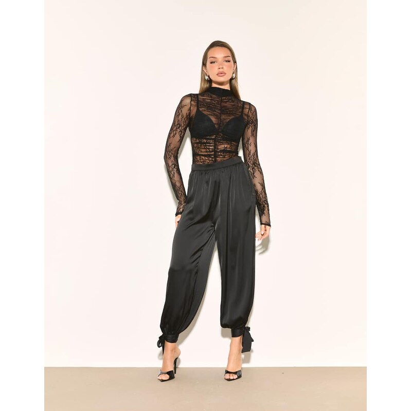 Noughts & Kisses satin balloon leg tie detail trouser in black