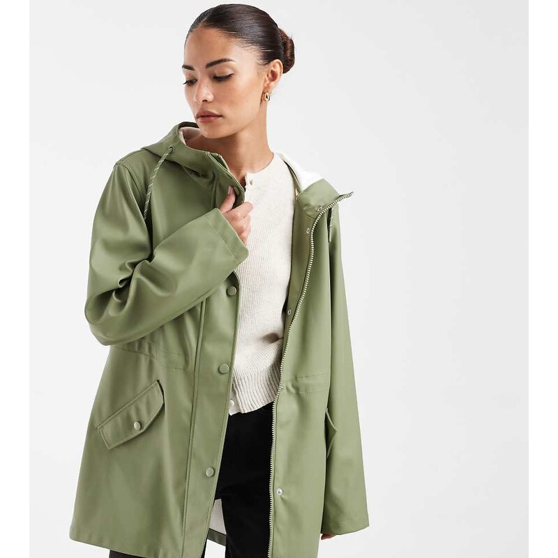 Vero Moda Petite coated rain jacket with hood in oil green