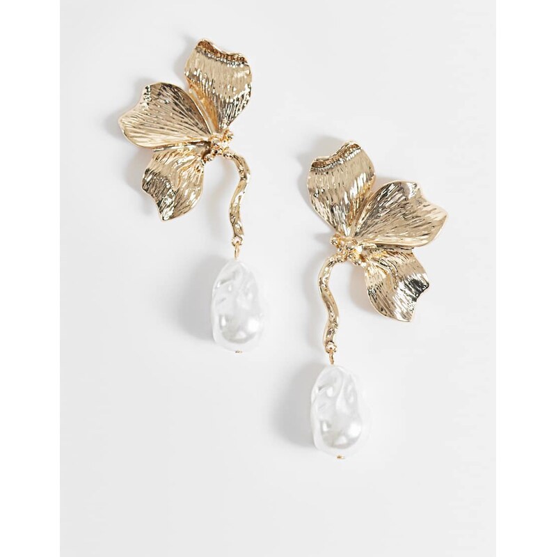 ASOS DESIGN floral pendant earrings with faux-pearl drops in