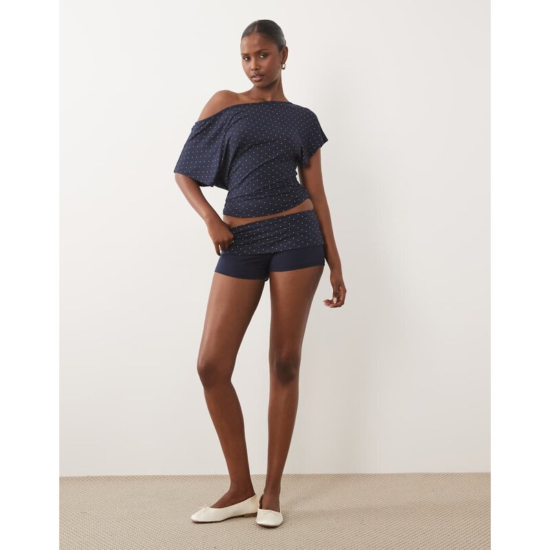 Gina Tricot fold over lounge short co-ord in navy polka