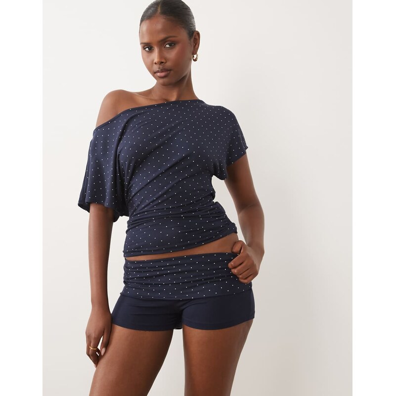 Gina Tricot short sleeve cinch lounge top co-ord in navy polka
