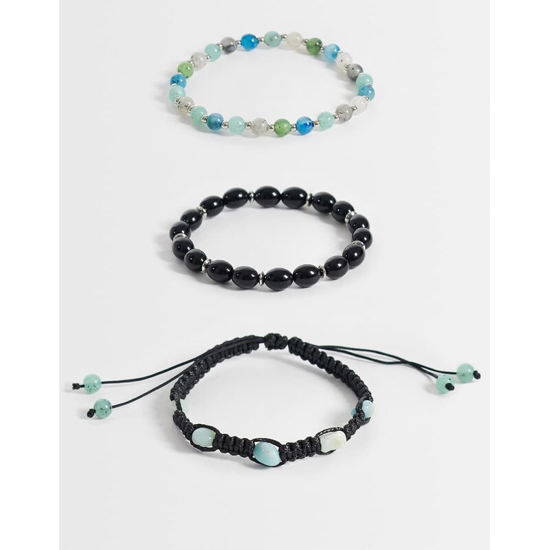 ASOS DESIGN 3 pack blue beaded and semi-precious amazon stone