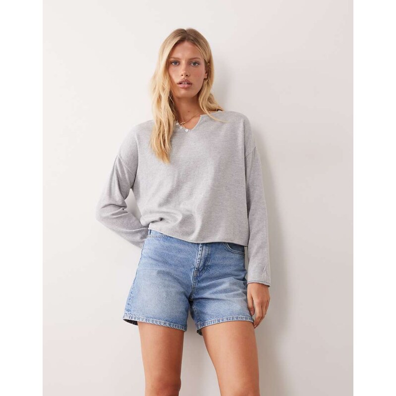 Mango Teen v neck button detail long sleeve knitted top in grey