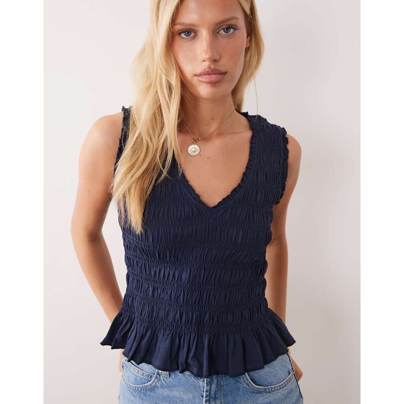 Mango Teen v neck shirred sleeveless top in navy