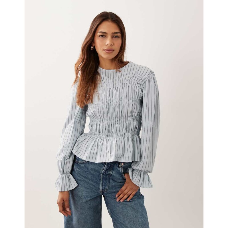 ASOS DESIGN shirred long sleeve top in blue stripe-Multi