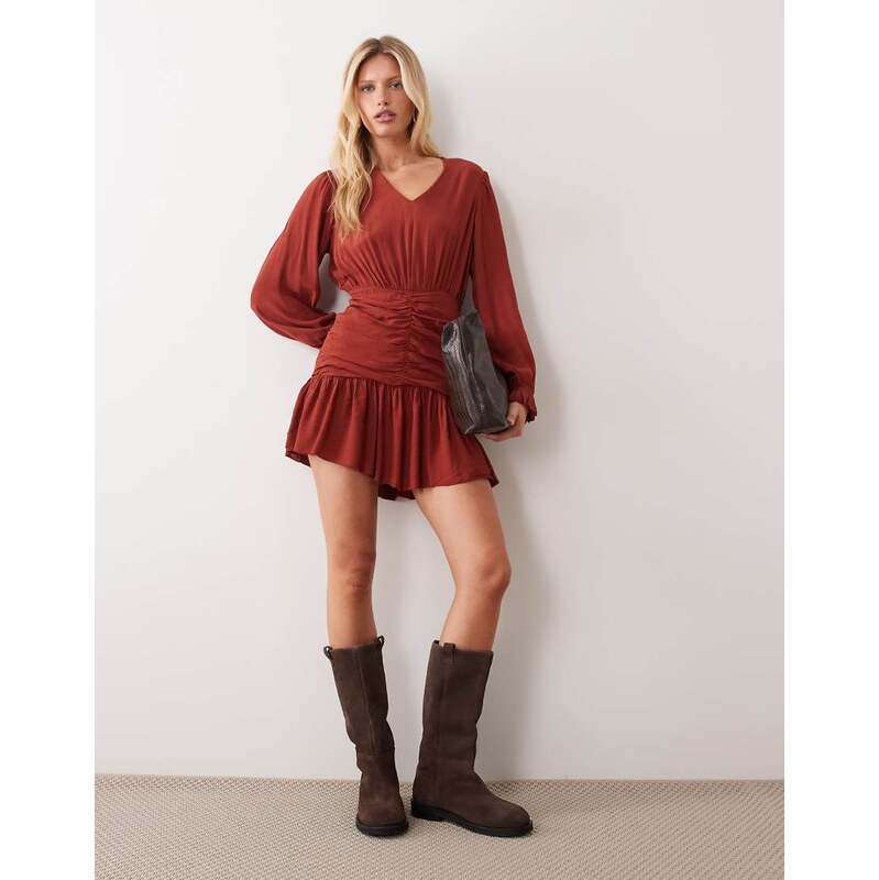 Mango Teen ruched long sleeve mini dress in deep red