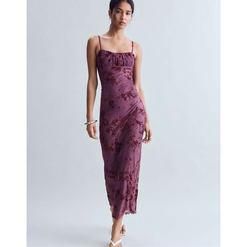 Stradivarius Flocked strap midi dress in purple