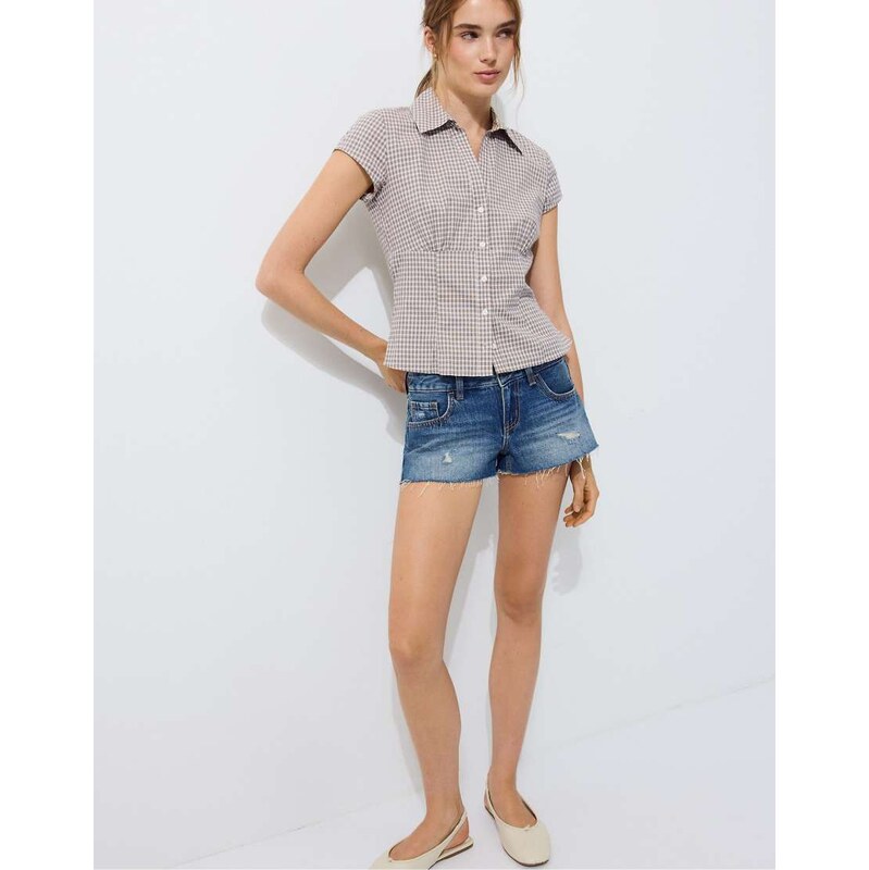Stradivarius Short sleeve under-bust seam shirt in khaki-Green