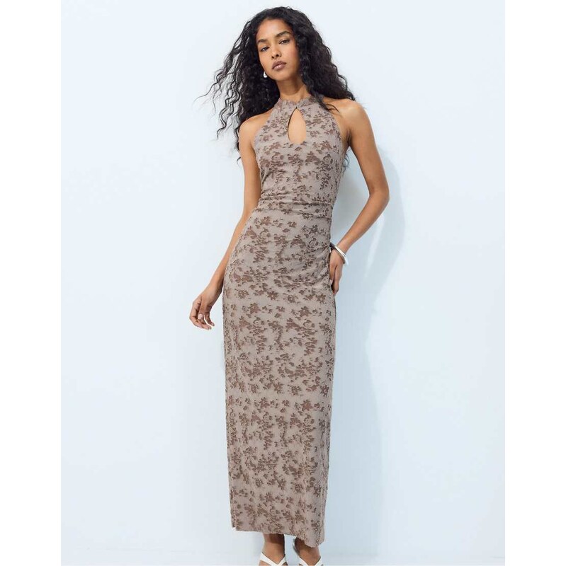 Stradivarius Jacquard midi dress in brown