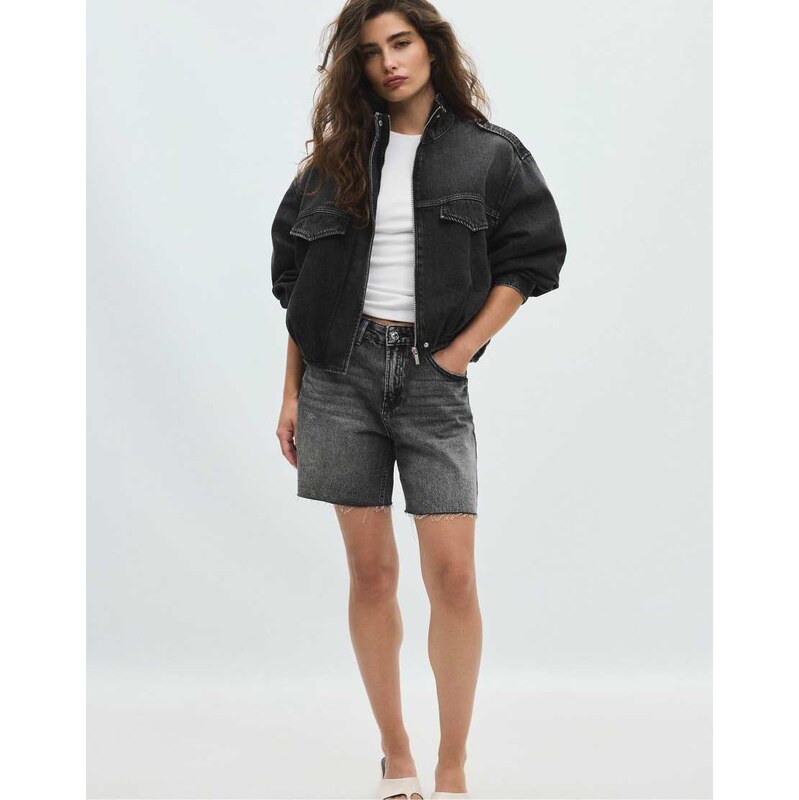 Stradivarius Balloon denim jacket in black denim wash