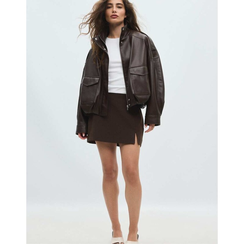 Stradivarius Oversize leather effect jacket in brown