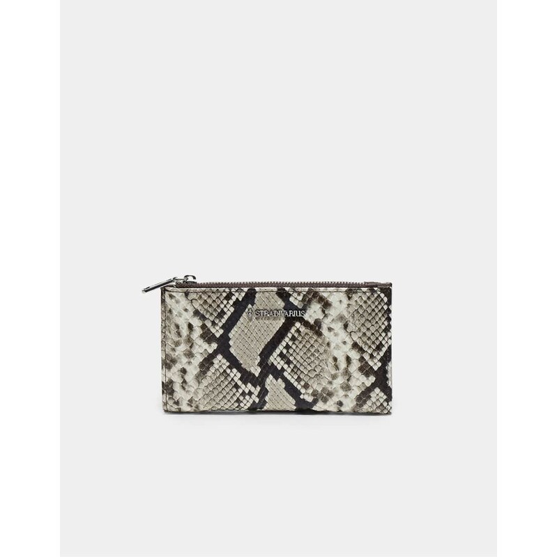 Stradivarius Basic snakeskin print purse in stone-White