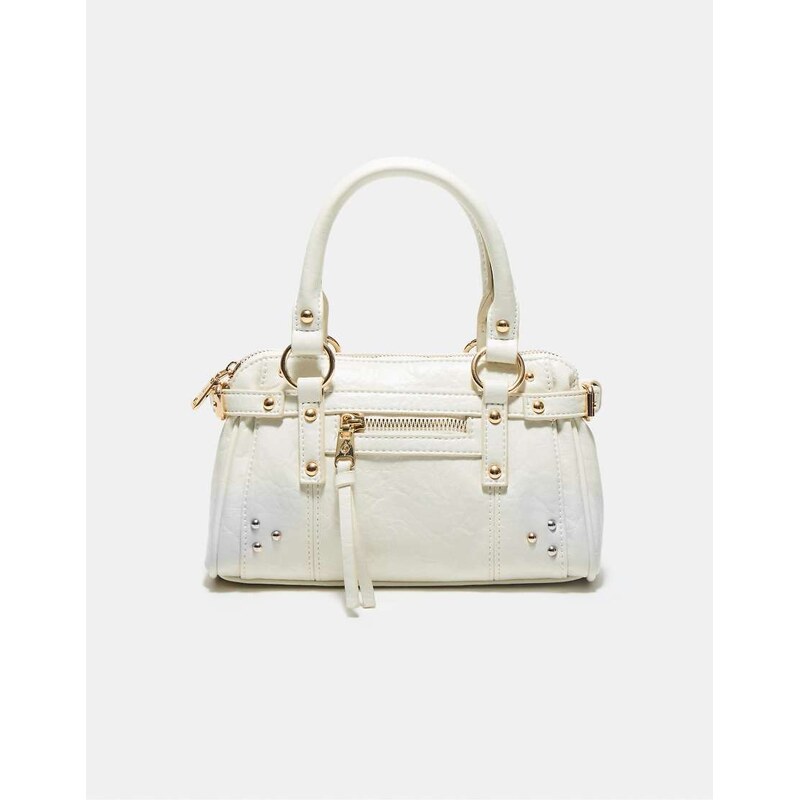 Stradivarius Studded pocket crossbody bag in ecru-White