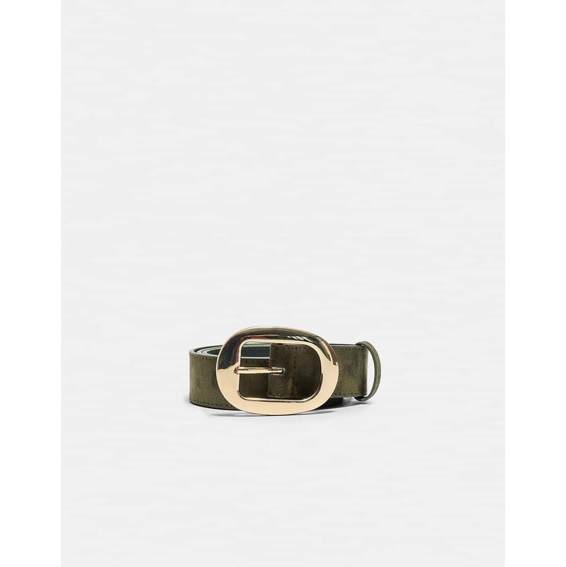 Stradivarius Oval buckle belt in khaki-Green
