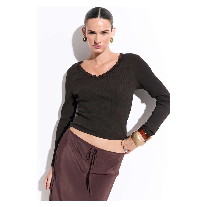 ONLY v neck long sleeve top with lace detail in chocolate-Brown