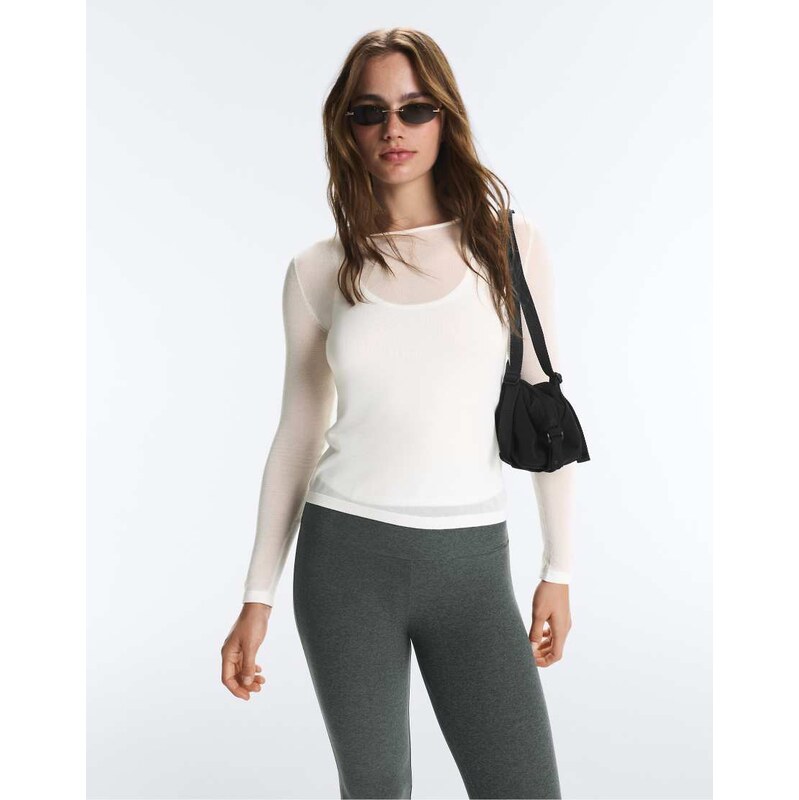 OYSHO Double sheer long-sleeved t-shirt in off-white