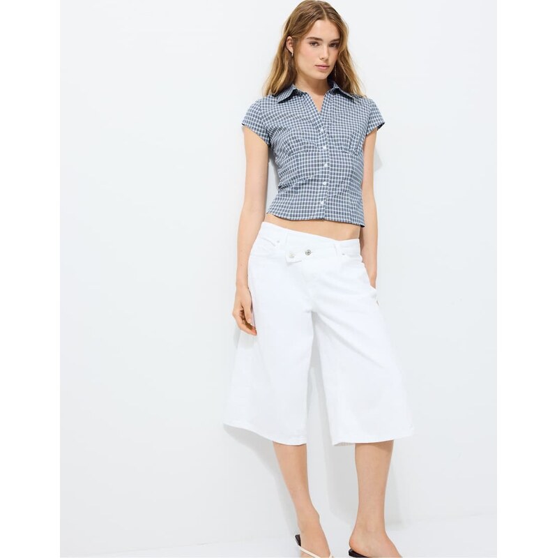 Stradivarius Short sleeve under-bust seam shirt in navy blue