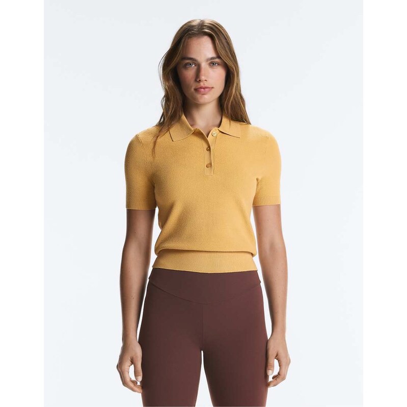 OYSHO Short-sleeved button knit polo shirt in ochre-Neutral